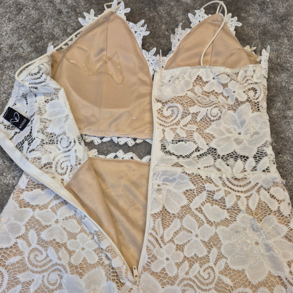 Windsor White Floral Lace Mini Dress Nude Lining Spaghetti Strap Size M 08841 - Picture 10 of 13